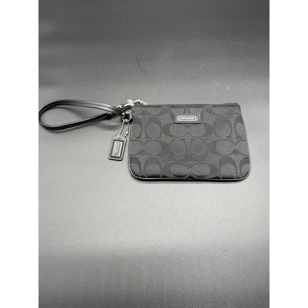 Coach Signature Jacquard Small Wristlet Black Canvas‎ Leather Trim 6.25x4